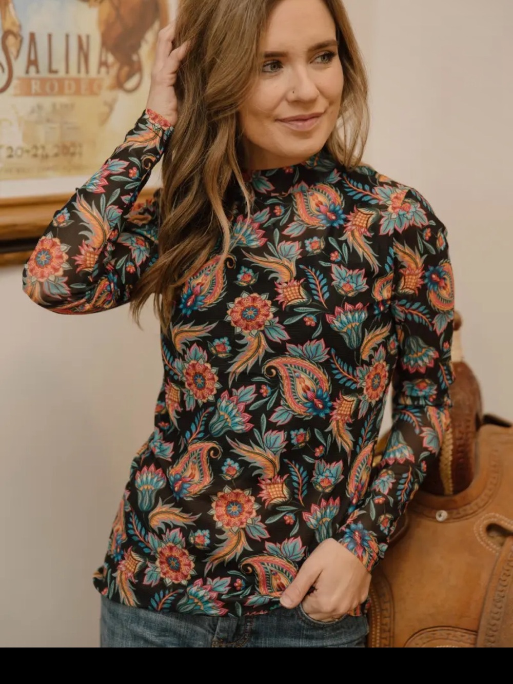 Floral Paisley Mock Neck Long-Sleeve Dress - Black/Multi Mesh top